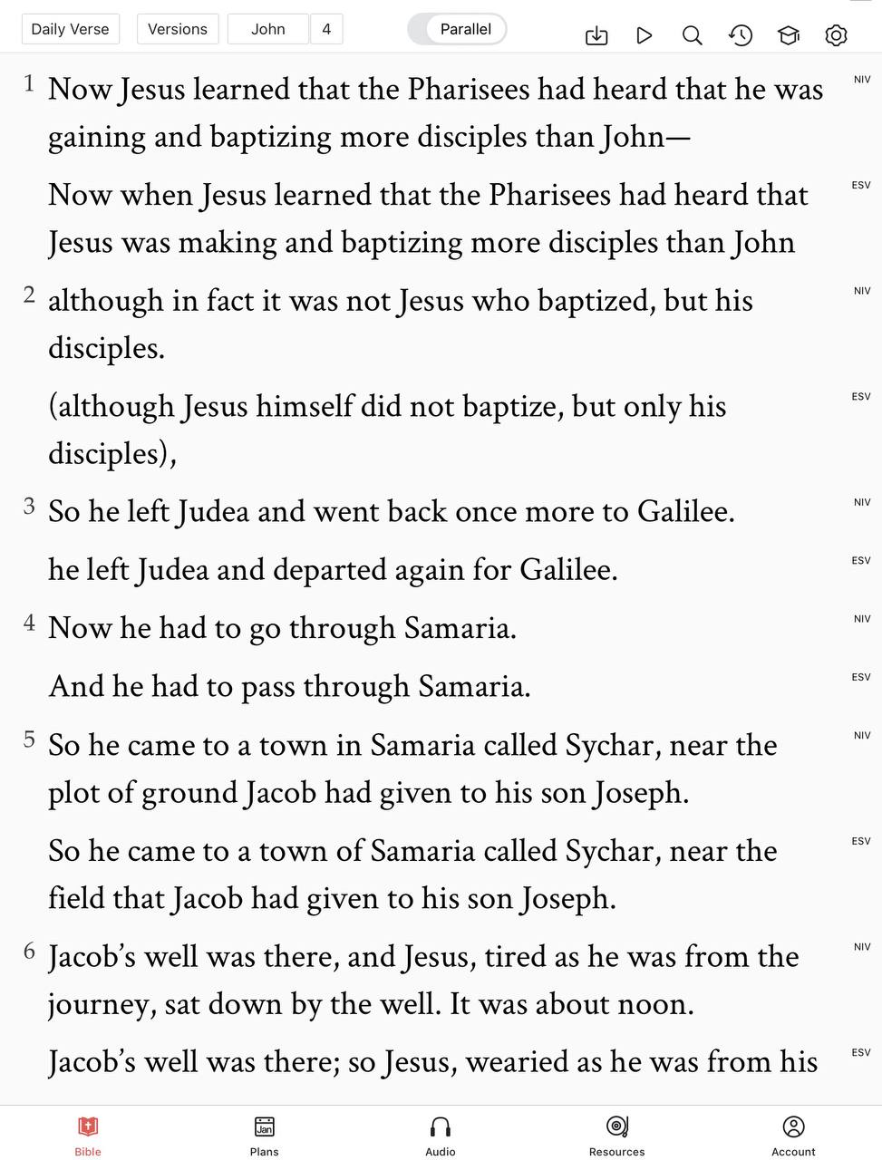 WeDevote Bible on iPad showing parallel Bible reading with two translations across the wide screen