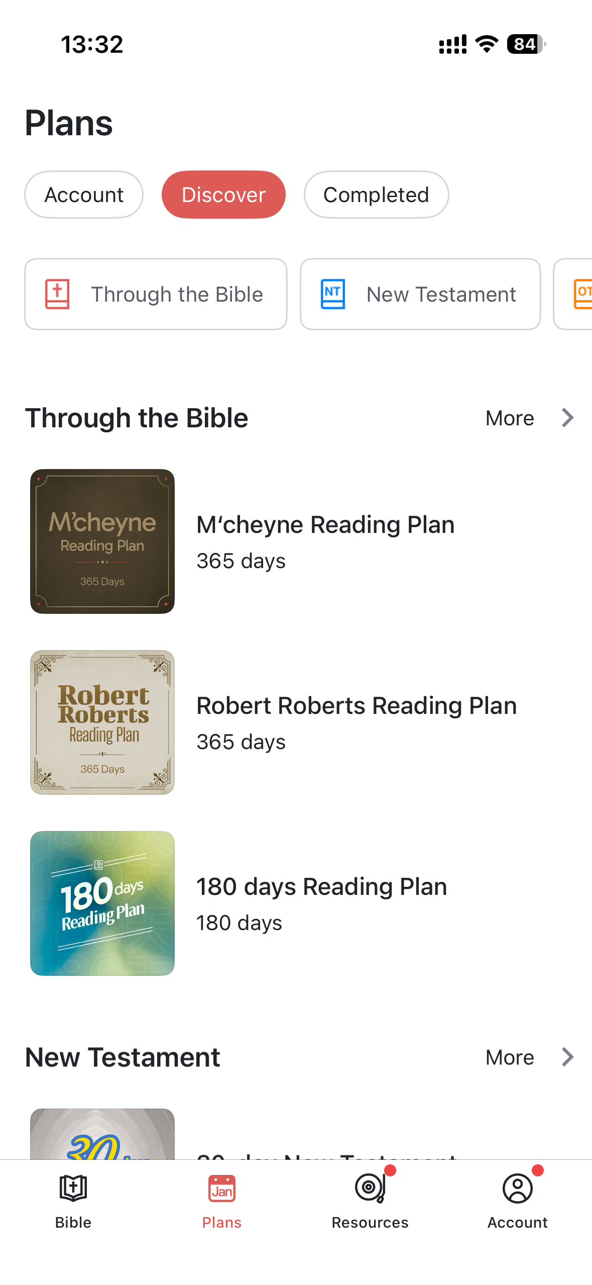 Bible reading plans library on iPhone listing available plans
